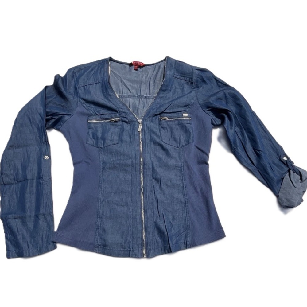 Guess Women's Blue Denim Full‎ Zip Blouse  XL
